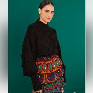 NWT! FarmRio Handmade Flowers Black Sweater Large